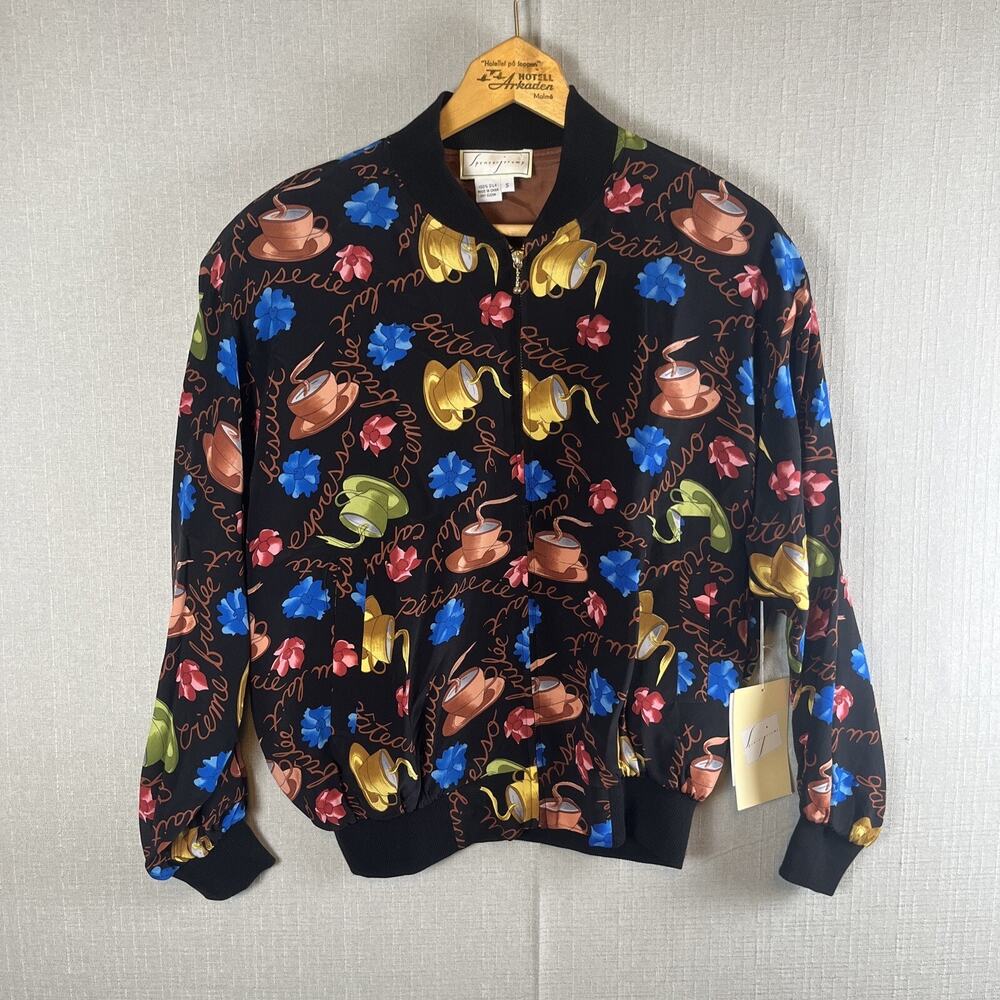 VTG 100% Silk Womens Size Small Bomber Jacket All Over Print Coffee Tea 90's NEW